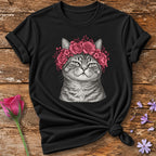 Cat in Rose Crown — Monochrome Botanical T-Shirt for Women in Black