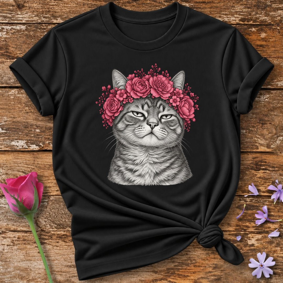 Cat in Rose Crown — Monochrome Botanical T-Shirt for Women in Black