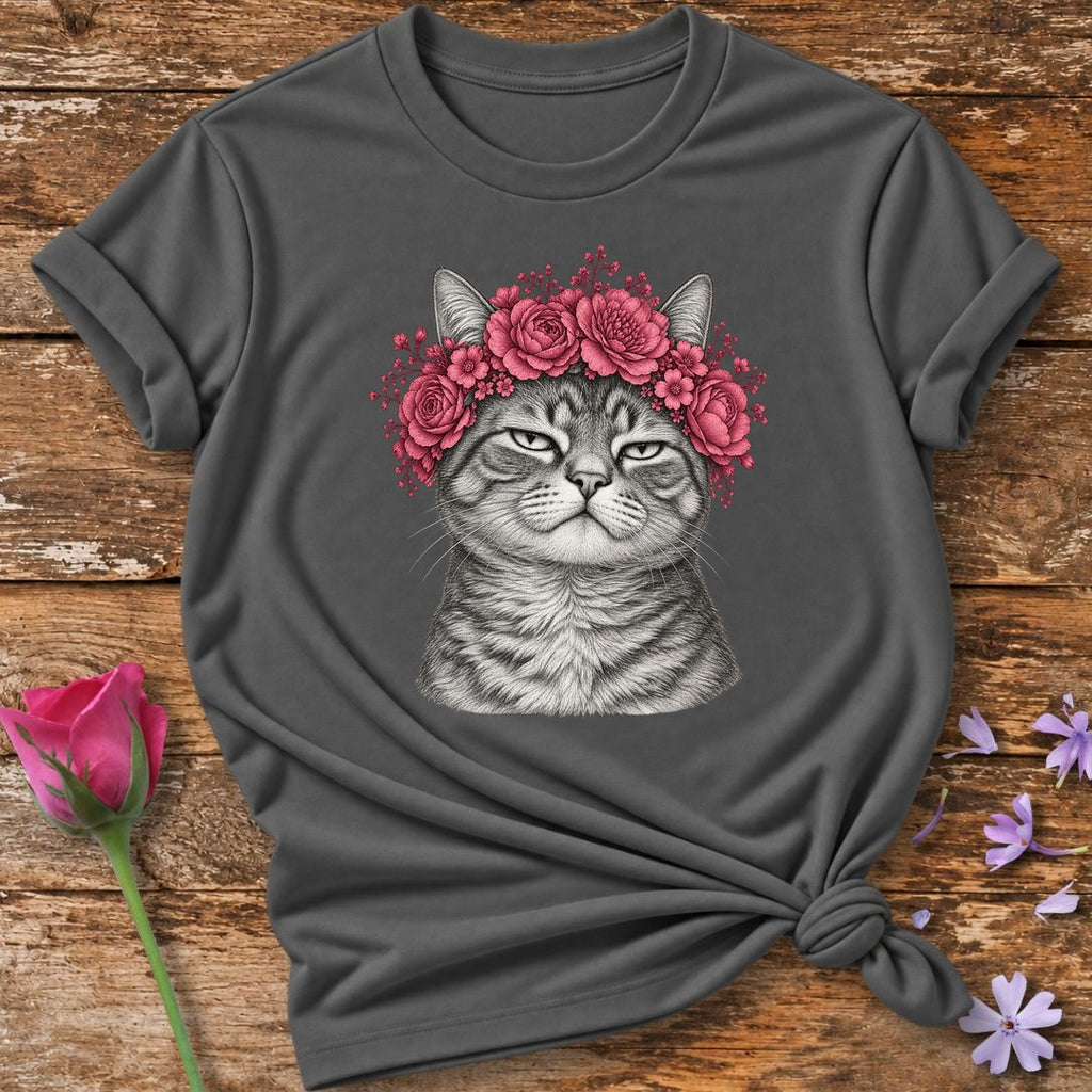 Cat in Rose Crown — Monochrome Botanical T-Shirt for Women in Charcoal