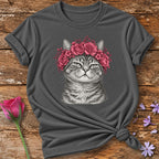 Cat in Rose Crown — Monochrome Botanical T-Shirt for Women in Charcoal