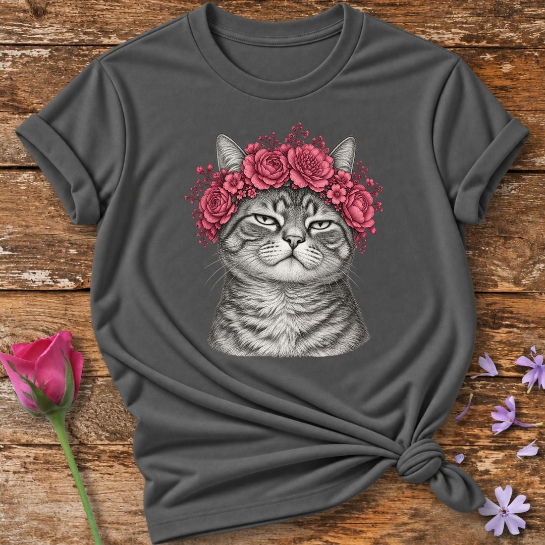 Cat in Rose Crown — Monochrome Botanical T-Shirt for Women in Charcoal