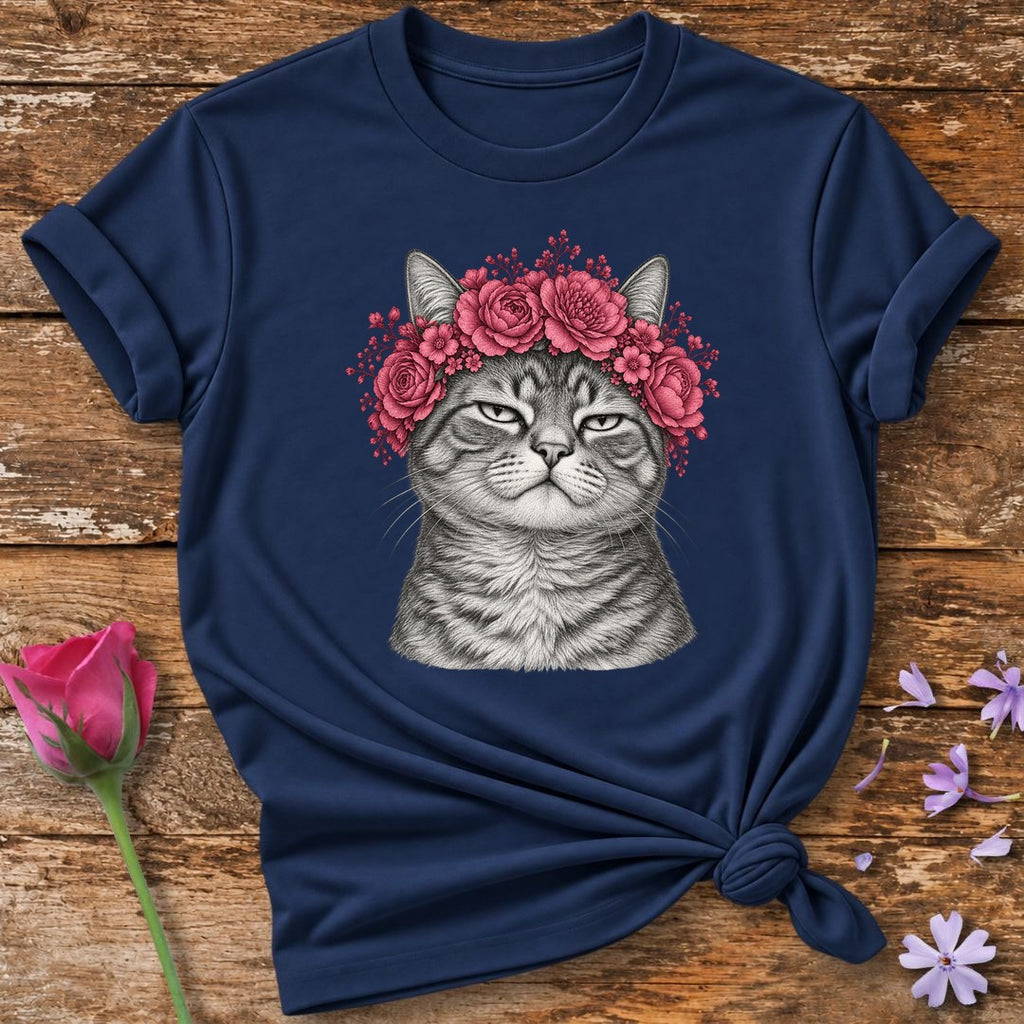 Cat in Rose Crown — Monochrome Botanical T-Shirt for Women in Navy