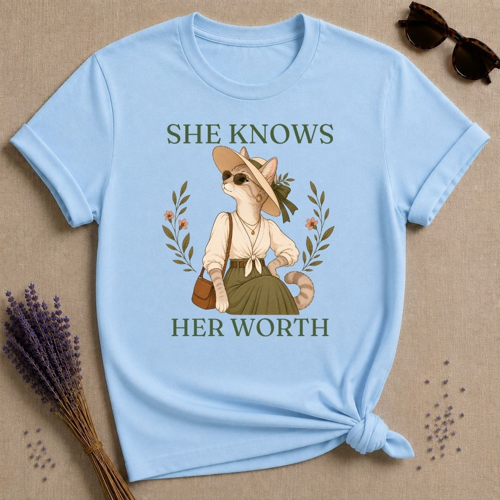 Cat She Knows Her Worth T-Shirt - Light Blue