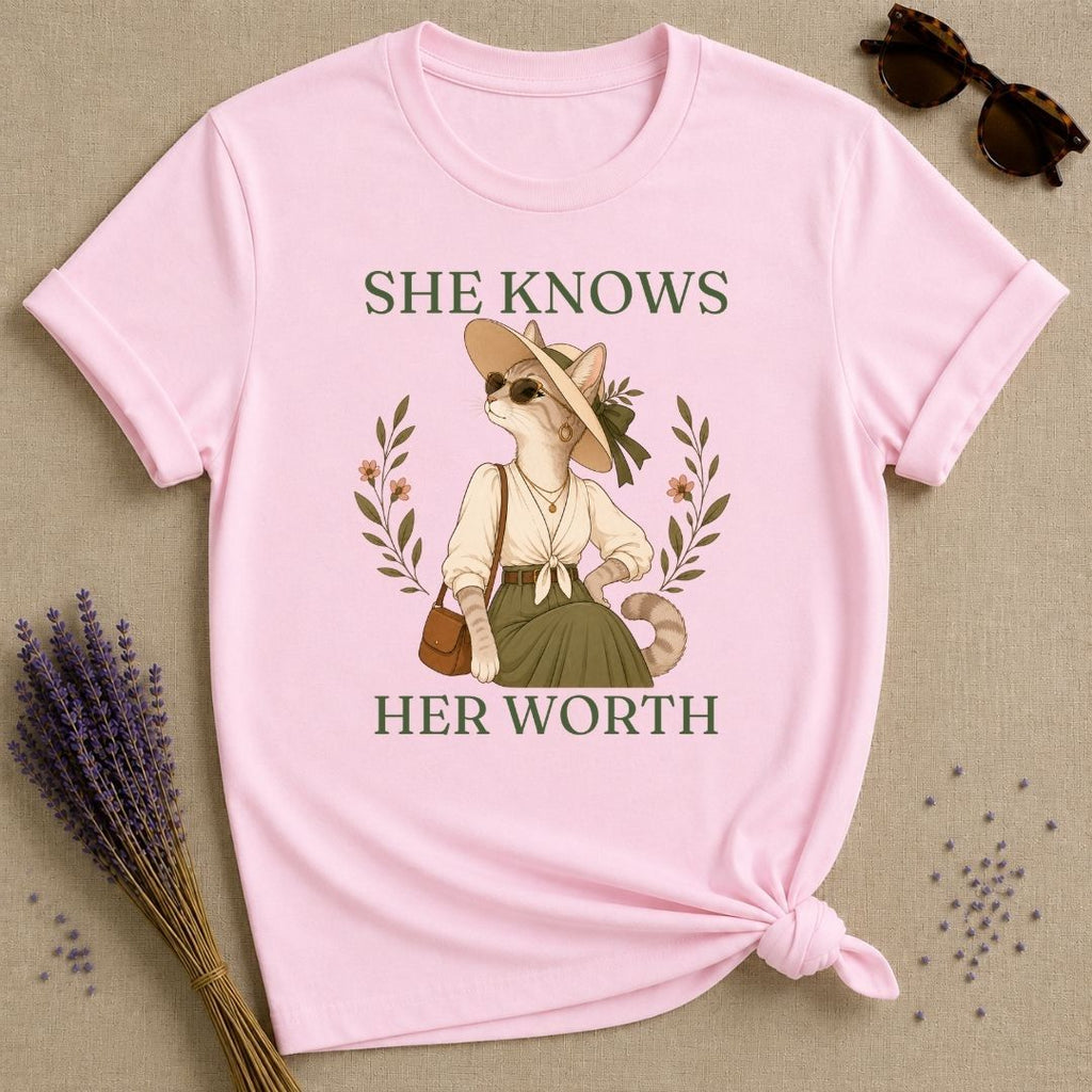 Cat She Knows Her Worth T-Shirt - Light Pink