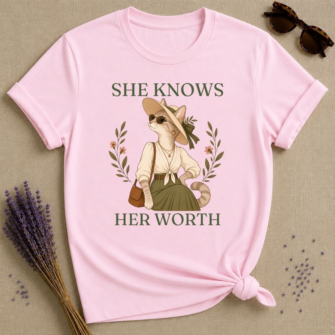 Cat She Knows Her Worth T-Shirt - Light Pink