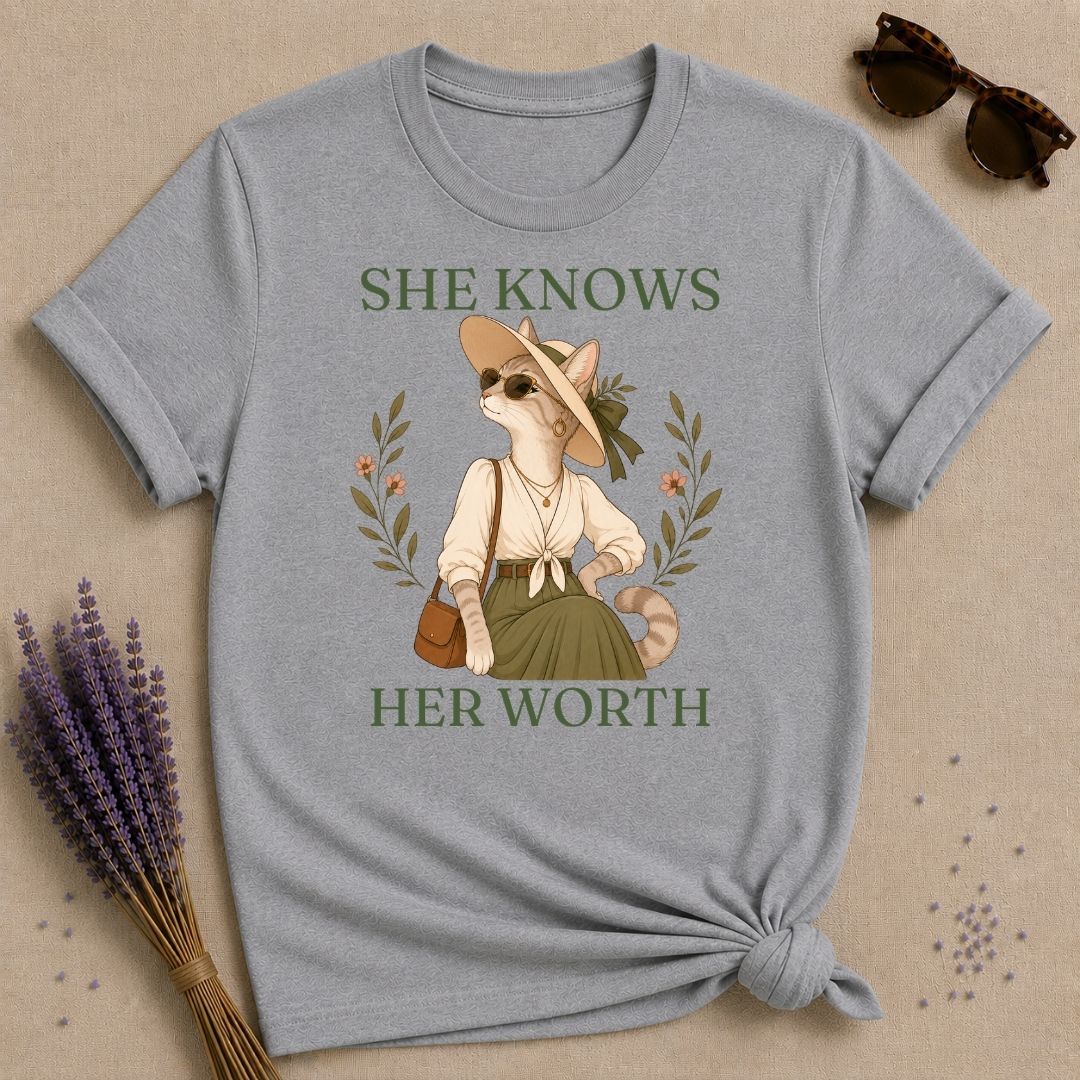 Cat She Knows Her Worth T-Shirt - Sport Grey