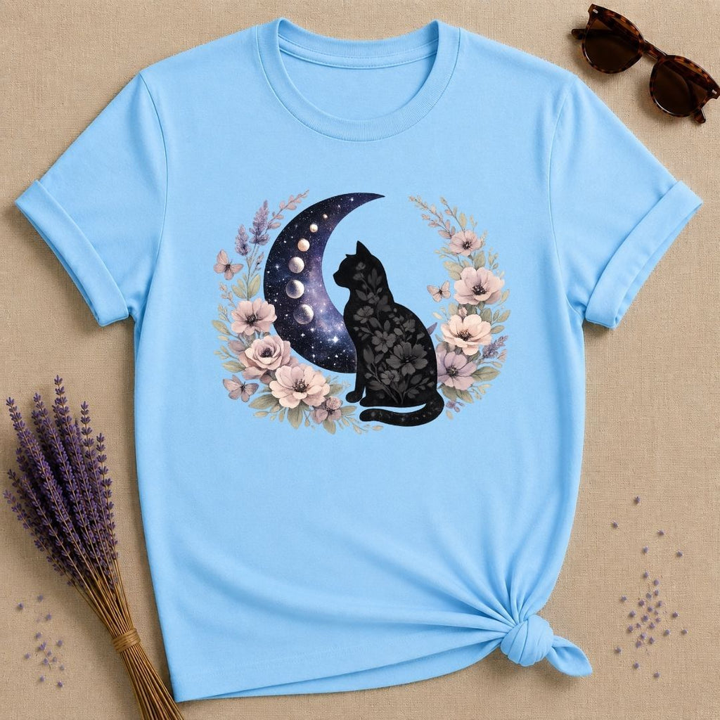 Celestial Cat — Floral Moon Wreath Graphic T-Shirt for Women in Sky