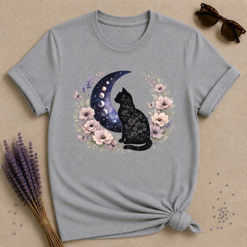 Celestial Cat — Floral Moon Wreath Graphic T-Shirt for Women in Sport Grey