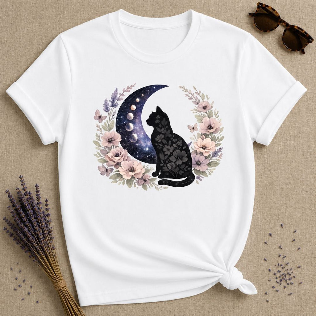 Celestial Cat — Floral Moon Wreath Graphic T-Shirt for Women in White