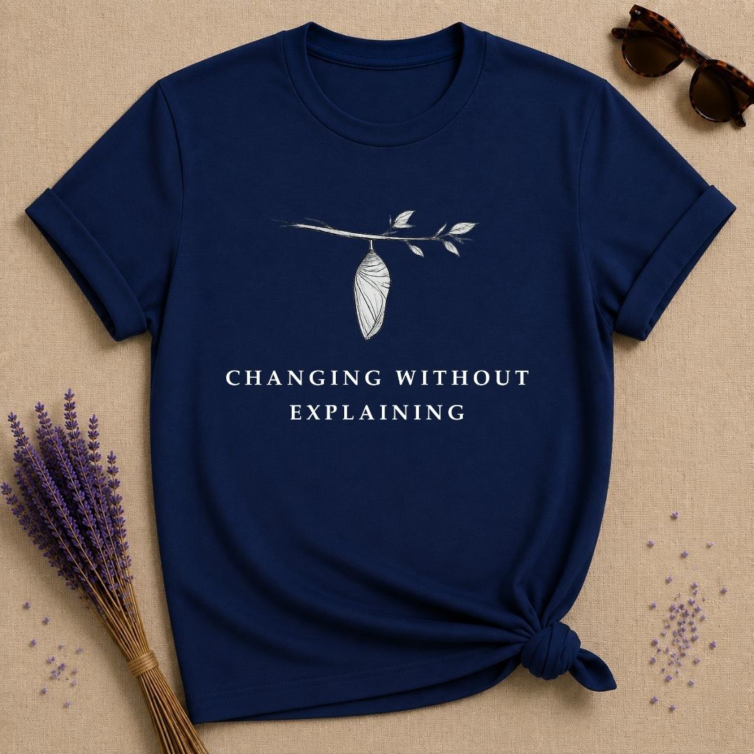 Changing Without Explaining — Botanical Chrysalis Transformation T-Shirt for Women — Navy