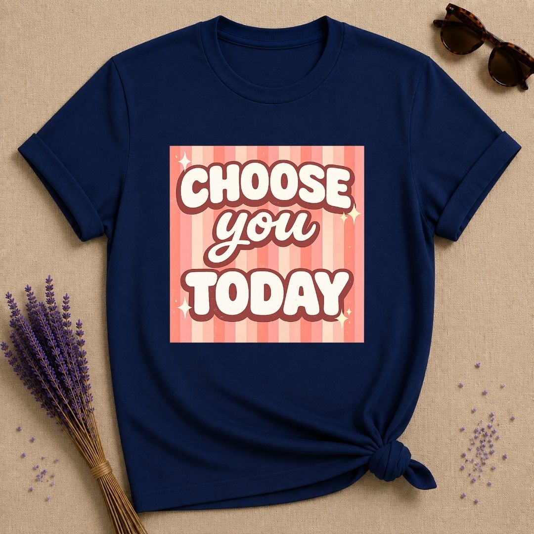 Choose You Today — Pink Stripe Bubble Typography T-Shirt for Women in Navy