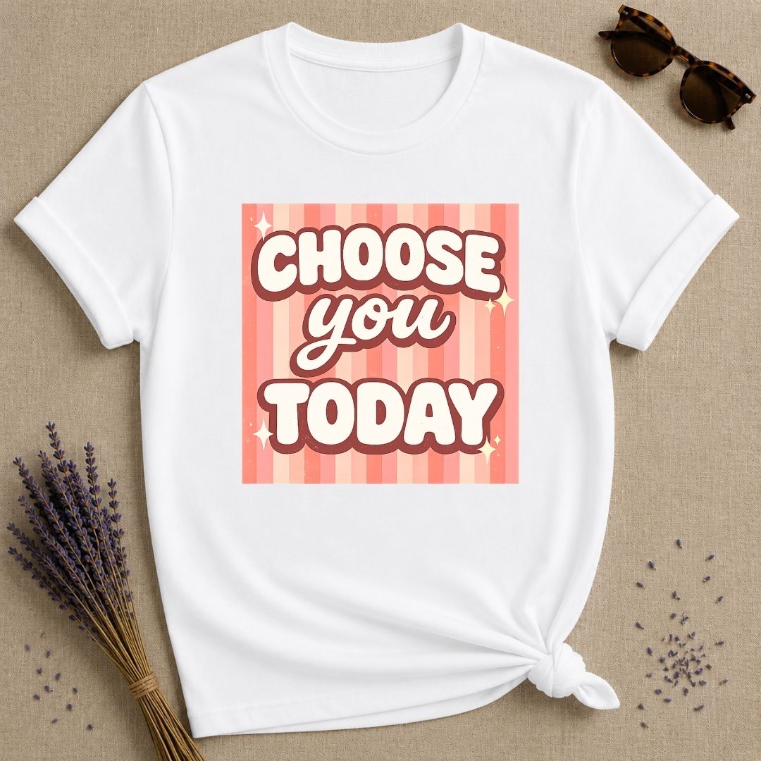 Choose You Today — Pink Stripe Bubble Typography T-Shirt for Women in White