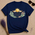 Choose Yourself — Celestial Sun Moon Botanical Empowerment T-Shirt for Women in Navy