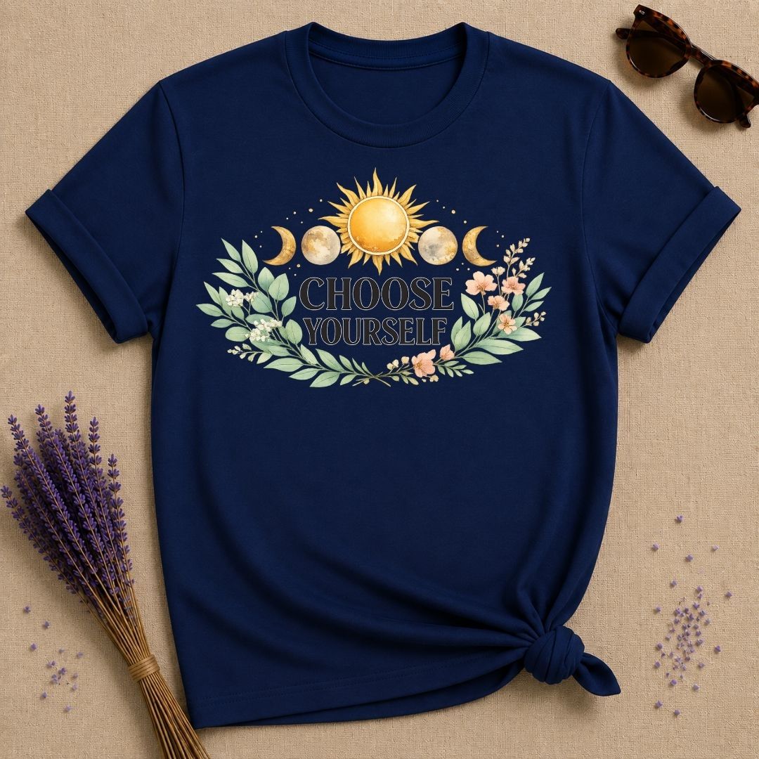 Choose Yourself — Celestial Sun Moon Botanical Empowerment T-Shirt for Women in Navy