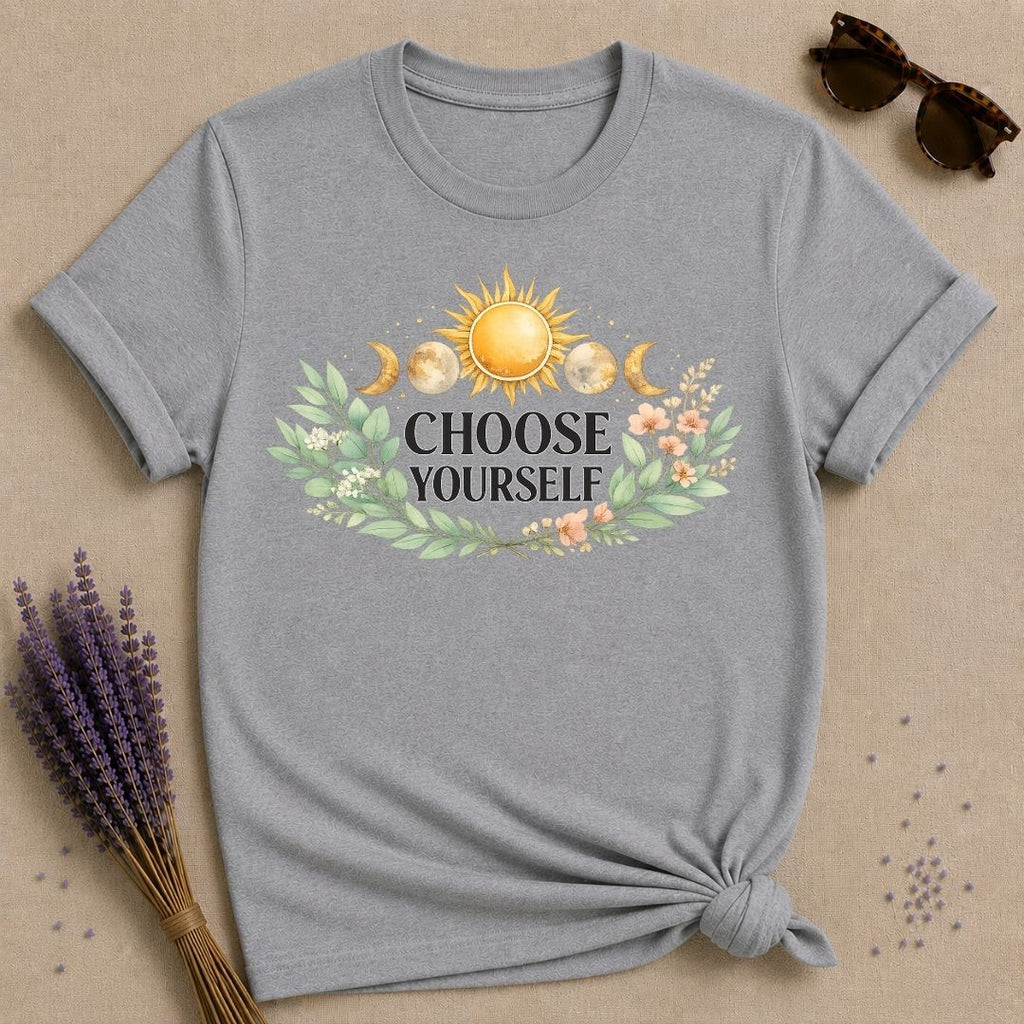 Choose Yourself — Celestial Sun Moon Botanical Empowerment T-Shirt for Women in Sport Grey