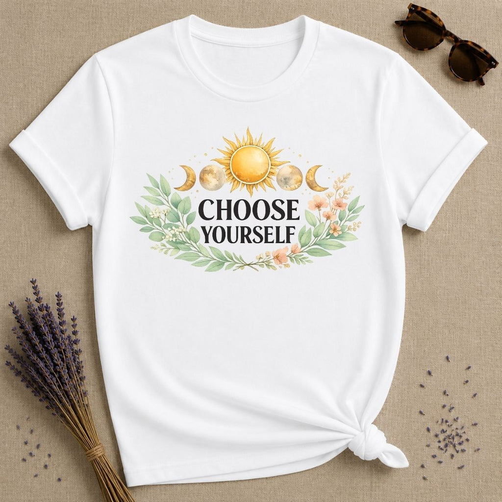 Choose Yourself — Celestial Sun Moon Botanical Empowerment T-Shirt for Women in White