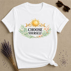 Choose Yourself — Celestial Sun Moon Botanical Empowerment T-Shirt for Women in White