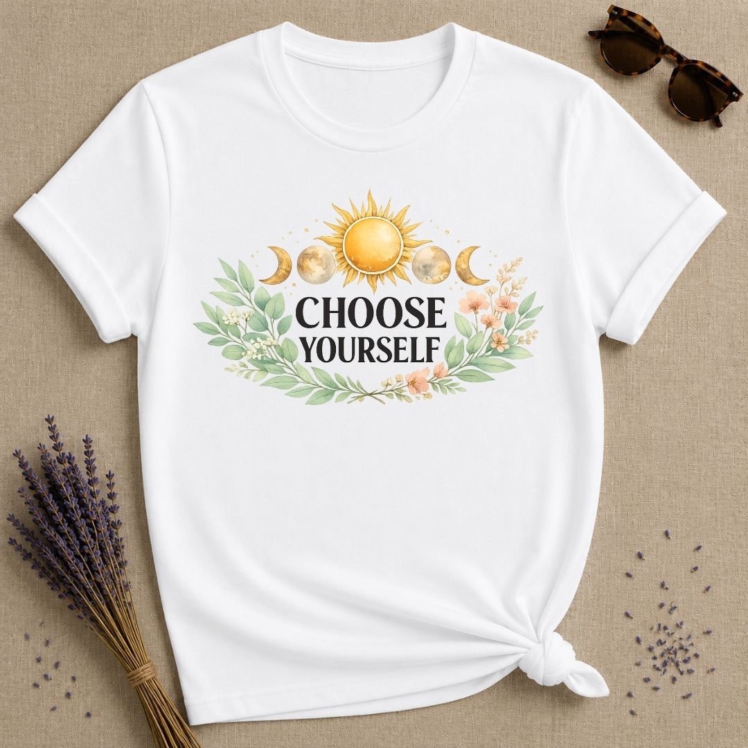 Choose Yourself — Celestial Sun Moon Botanical Empowerment T-Shirt for Women in White