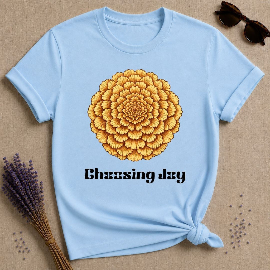 Choosing Joy — Marigold Botanical T-Shirt for Women in Light Blue