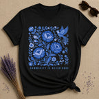 Community Is Resistance — Blue Floral Folk Art T-Shirt for Women in Black