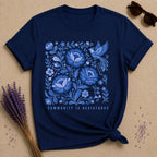 Community Is Resistance — Blue Floral Folk Art T-Shirt for Women in Navy