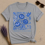 Community Is Resistance — Blue Floral Folk Art T-Shirt for Women in Sport Grey