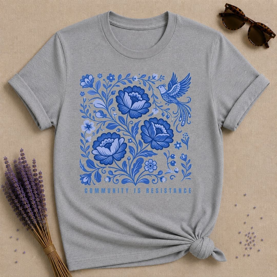 Community Is Resistance — Blue Floral Folk Art T-Shirt for Women in Sport Grey