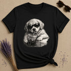 Cool Pup with Iced Coffee — Washed Out Vintage T-Shirt for Women in Black