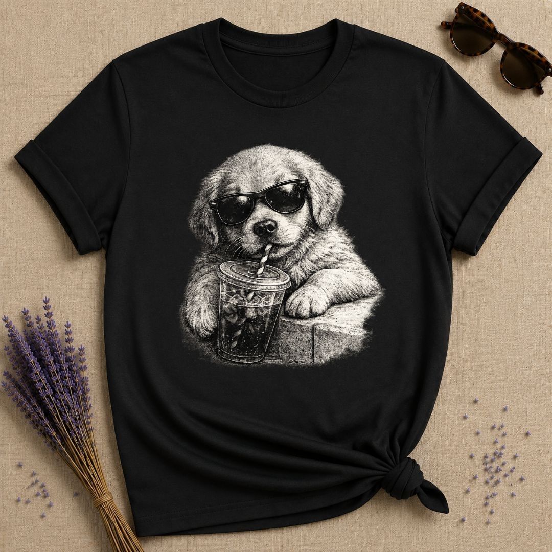 Cool Pup with Iced Coffee — Washed Out Vintage T-Shirt for Women in Black