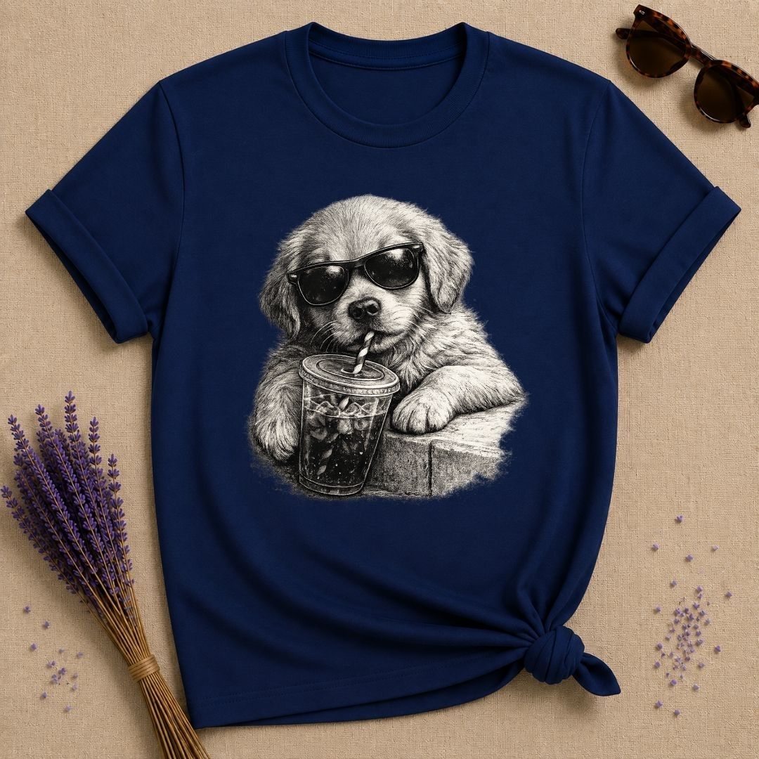 Cool Pup with Iced Coffee — Washed Out Vintage T-Shirt for Women in Navy