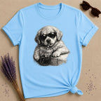 Cool Pup with Iced Coffee — Washed Out Vintage T-Shirt for Women in Sky