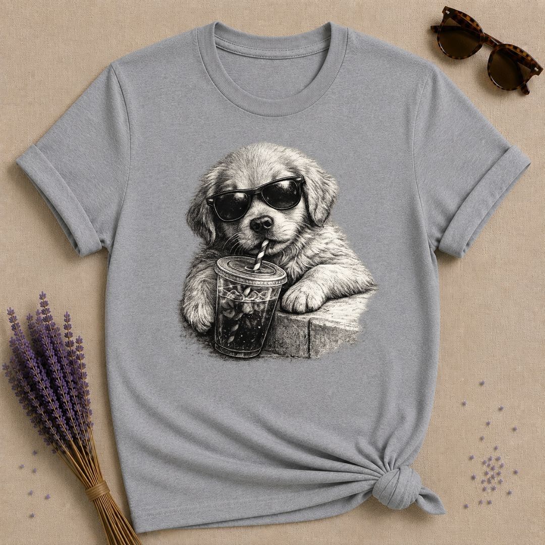 Cool Pup with Iced Coffee — Washed Out Vintage T-Shirt for Women in Sport Grey