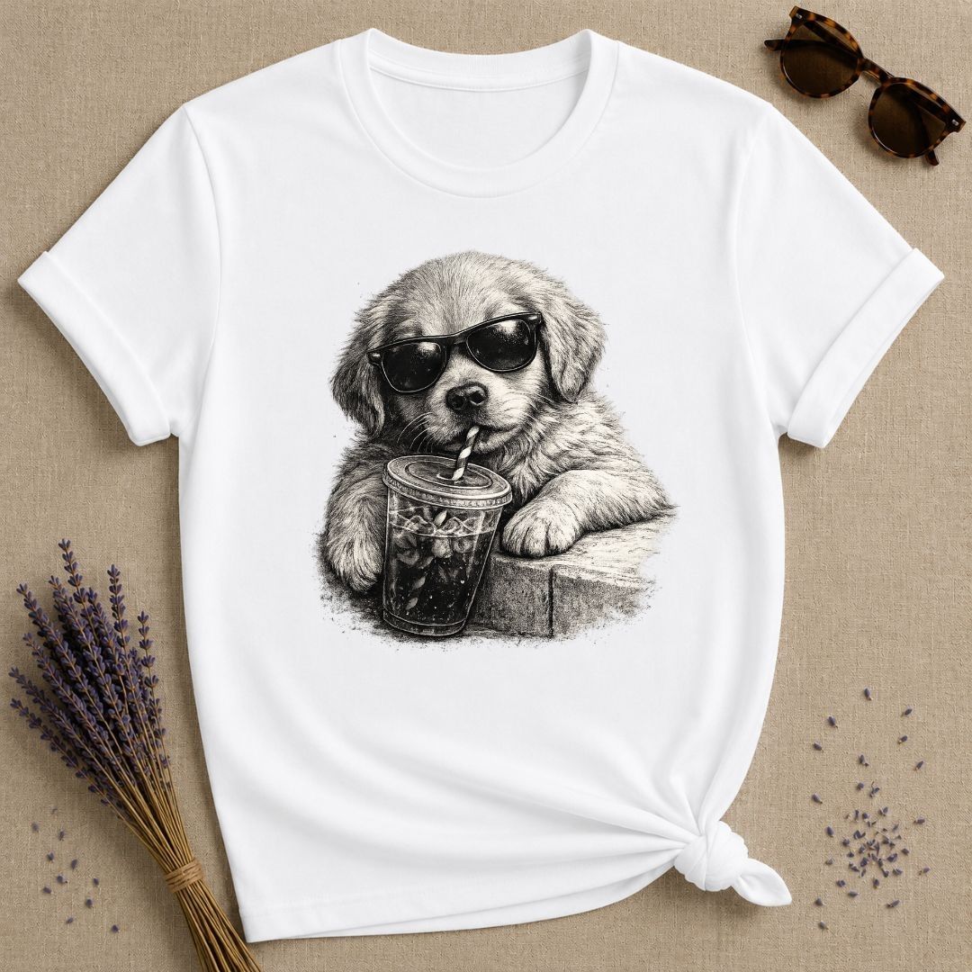 Cool Pup with Iced Coffee — Washed Out Vintage T-Shirt for Women in White