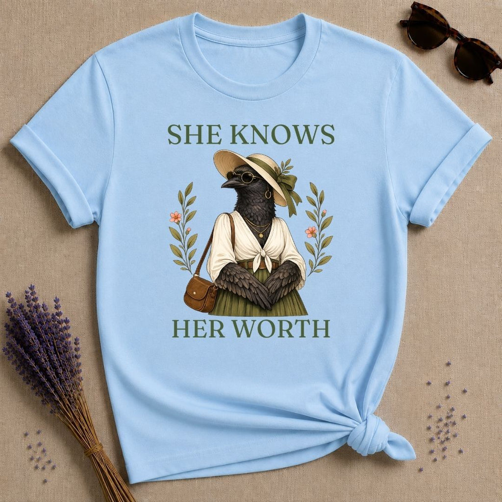Crow She Knows Her Worth T-Shirt - Light Blue