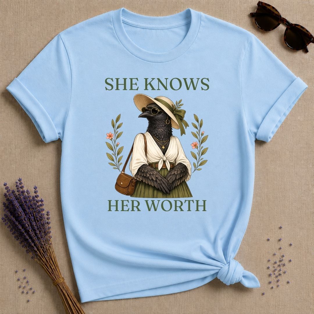Crow She Knows Her Worth T-Shirt - Light Blue
