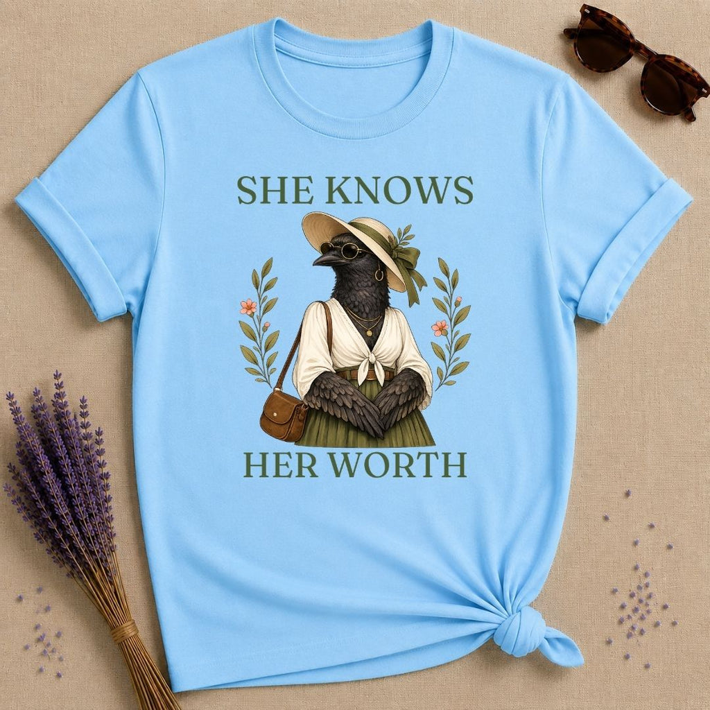 Crow She Knows Her Worth T-Shirt - Sky
