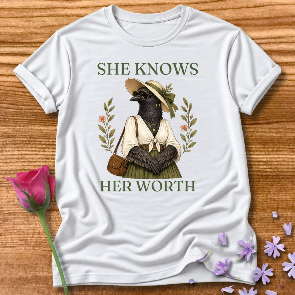 Crow — She Knows Her Worth Vintage Aesthetic Animal in White