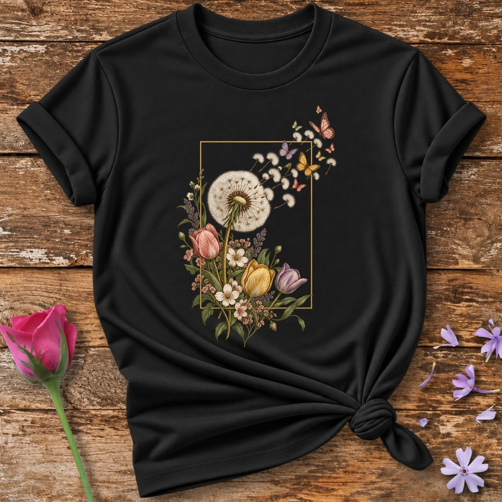 Dandelion Escape Frame — Vintage Botanical Butterfly T-Shirt for Women in Black