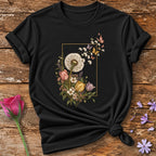 Dandelion Escape Frame — Vintage Botanical Butterfly T-Shirt for Women in Black