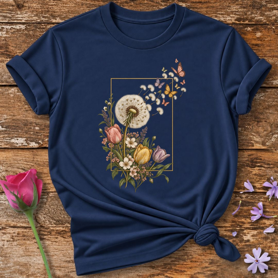 Dandelion Escape Frame — Vintage Botanical Butterfly T-Shirt for Women in Navy