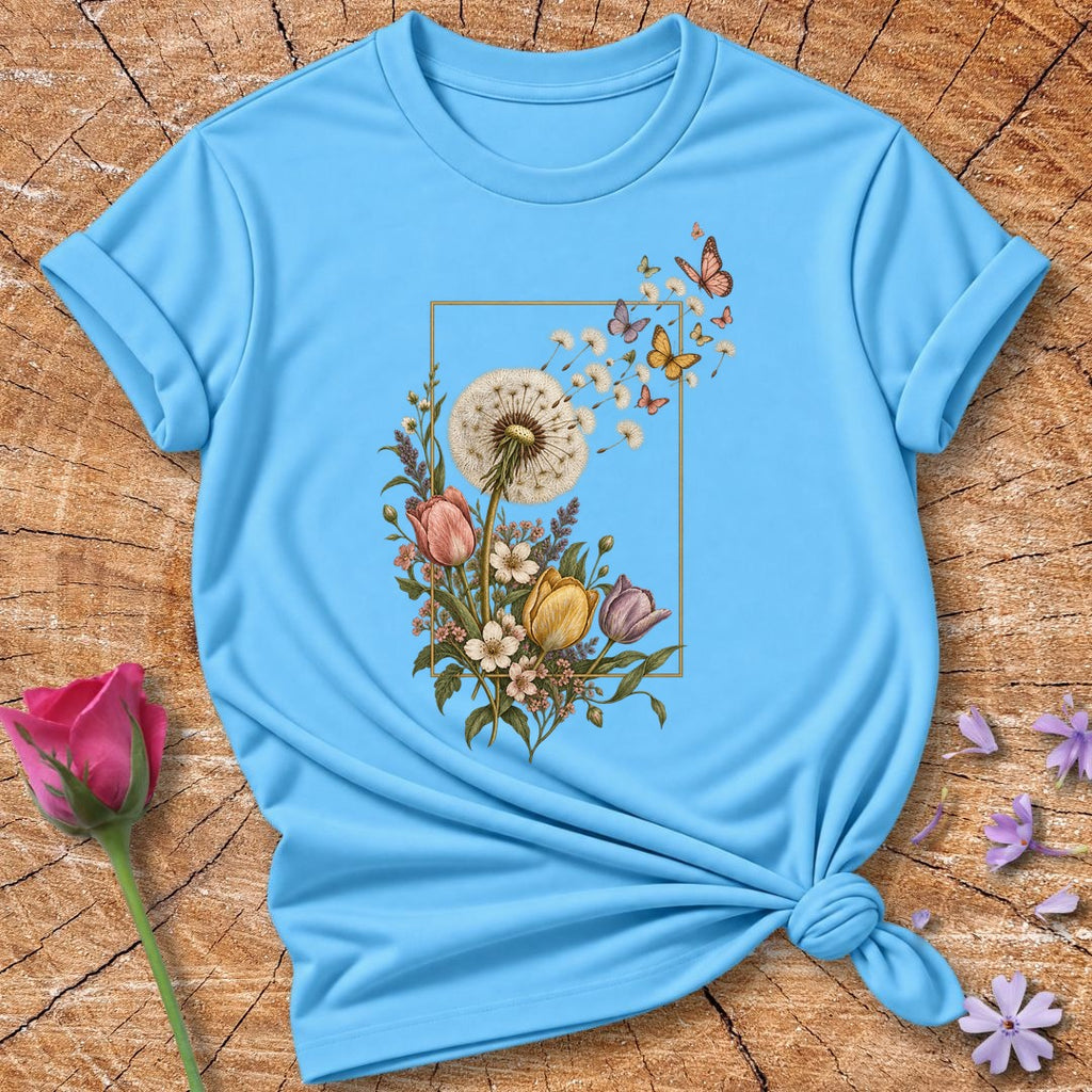 Dandelion Escape Frame — Vintage Botanical Butterfly T-Shirt for Women in Sky