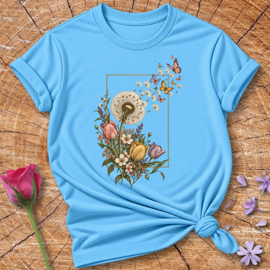 Dandelion Escape Frame — Vintage Botanical Butterfly T-Shirt for Women in Sky