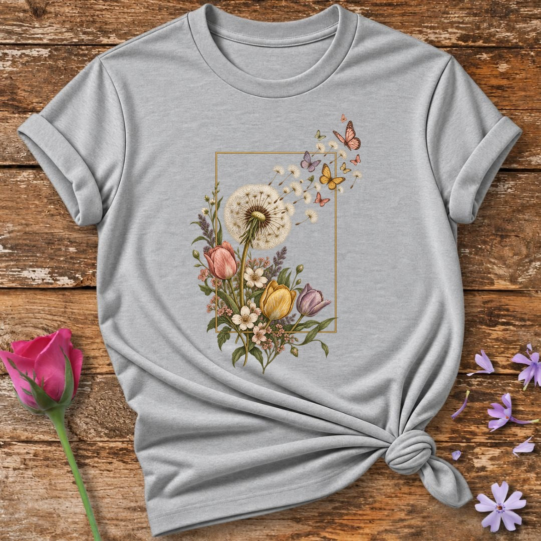Dandelion Escape Frame — Vintage Botanical Butterfly T-Shirt for Women in Sport Grey