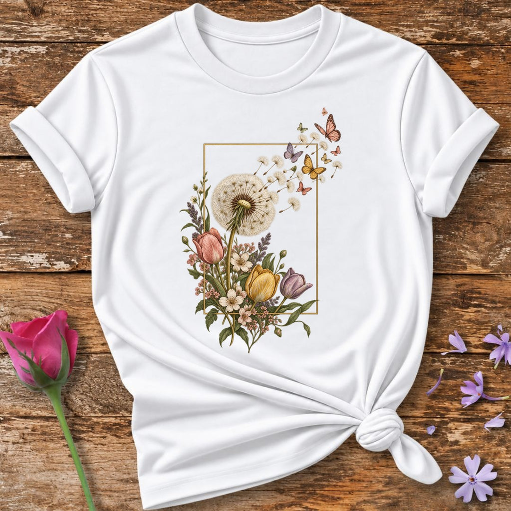 Dandelion Escape Frame — Vintage Botanical Butterfly T-Shirt for Women in White