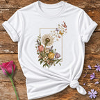 Dandelion Escape Frame — Vintage Botanical Butterfly T-Shirt for Women in White