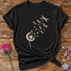 Dandelion Into Dragonflies — Monochrome Line Art Botanical T-Shirt for Women in Black