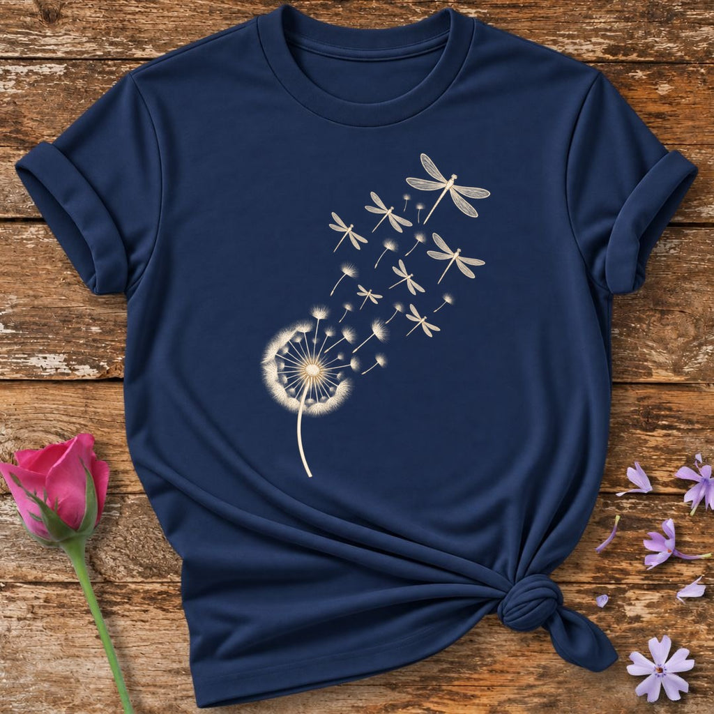 Dandelion Into Dragonflies — Monochrome Line Art Botanical T-Shirt for Women in Navy
