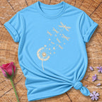 Dandelion Into Dragonflies — Monochrome Line Art Botanical T-Shirt for Women in Sky
