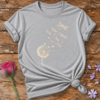 Dandelion Into Dragonflies — Monochrome Line Art Botanical T-Shirt for Women in Sport Grey