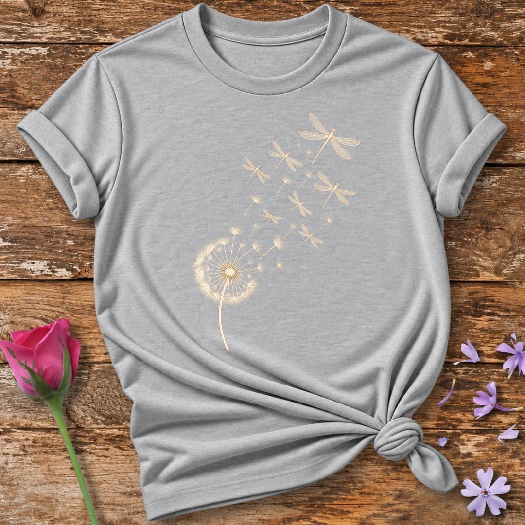 Dandelion Into Dragonflies — Monochrome Line Art Botanical T-Shirt for Women in Sport Grey